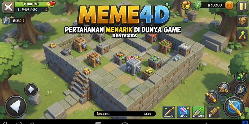 Screenshot gameplay <strong>MEME4D</strong> yang menunjukkan pertahanan menara melawan gelombang musuh.