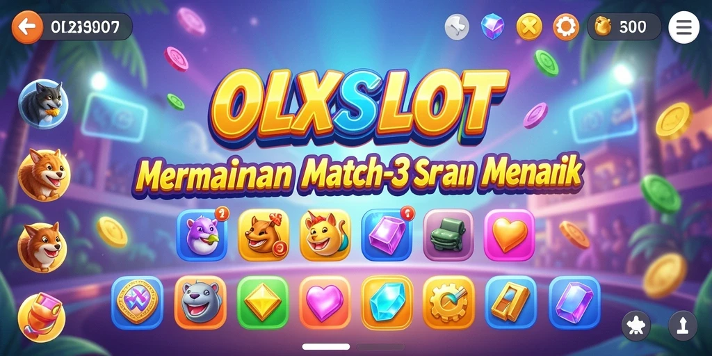 Screenshot menunjukkan gameplay olxslot dengan karakter ceria dan simbol warna-warni.